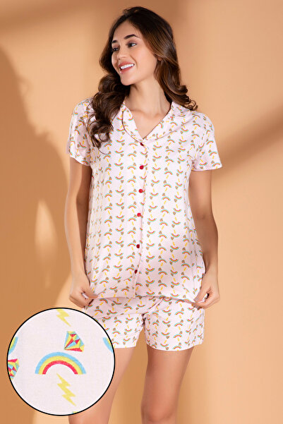 Clovia طقم قميص أبيض بأزرار وشورت مطبوع عليه قوس قزح - قطن 100%
