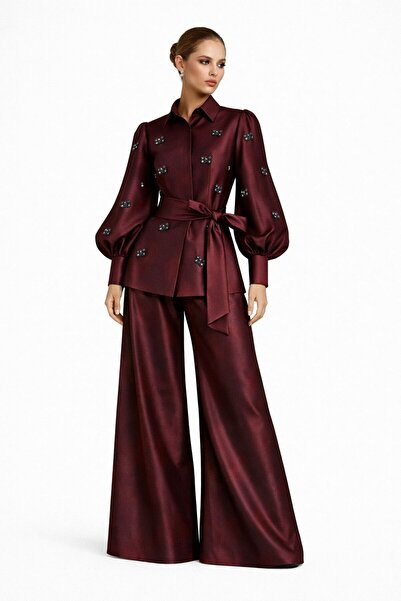 UNTIMELY Dark Burgundy Taffeta Shirt & Trousers Set with Stone-Embellished Bo...