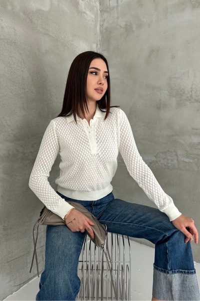 Noi Belis Polo Collar Perforated Half Placket Buttoned Knitwear Blouse Ss26Bz...