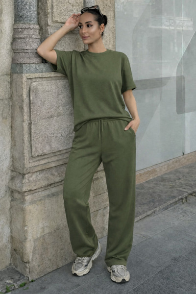 YAKAMEL طقم نسائي قصير الأكمام من القطن الممشط الليكرا قابل للتمدد بالكامل وخ...