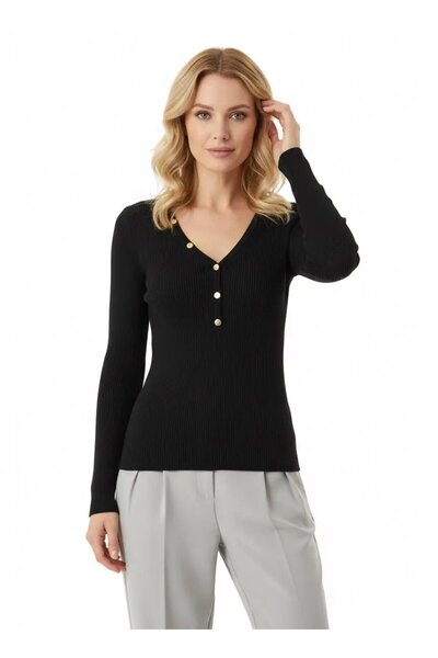 Park Karon Women's V Yak Lux Touch Gold Button Detail Premium Yarn Tirko Swea...