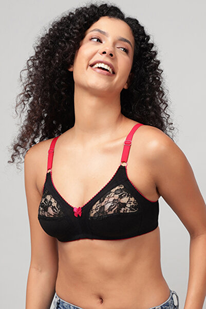 Clovia Cotton & Lace Non-Padded Non-Wired Full Coverage Bra in Black