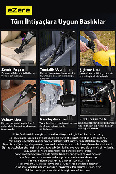 EZERE Vacpro 22000pa Güçlü Dijital Göstergeli Vakumlu Kablosuz Üflemeli Mini Araç Süpürgesi