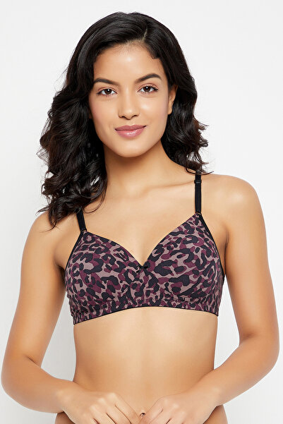 Clovia Padded Non-Wired Full Cup Animal Print Bra in Dark Purple