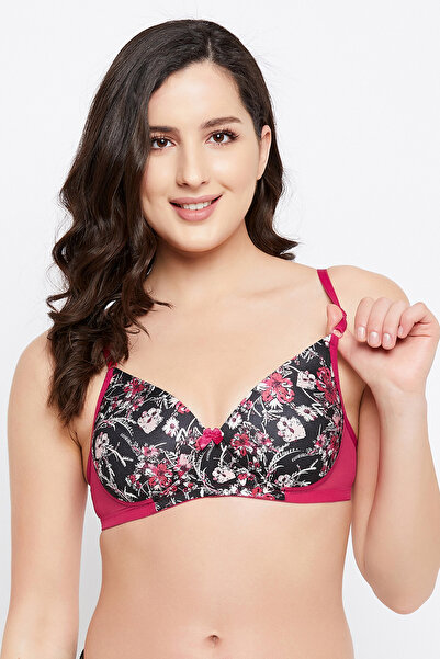 Clovia Padded Non-Wired Full Cup Floral Print Print Bra in Black