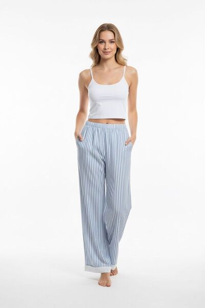 Bliss Women's Striped Comfortable Baggy Fit Elastic Waist Pants with Leg Detail