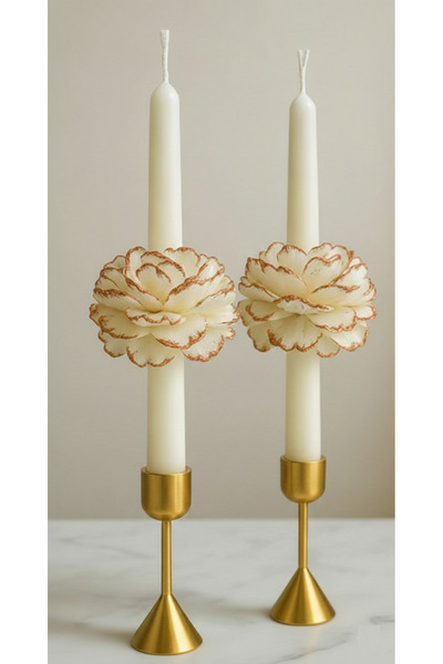 exemum EXEPAZAR (2’lİ) Bakır Yaldızlı Şakayık Detaylı Beyaz Şamdan Mumu – El ...