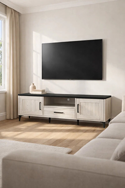MARIA HOMES White Oak TV Stand – 160x40x50 cm Modern Wooden Plasma Table with...