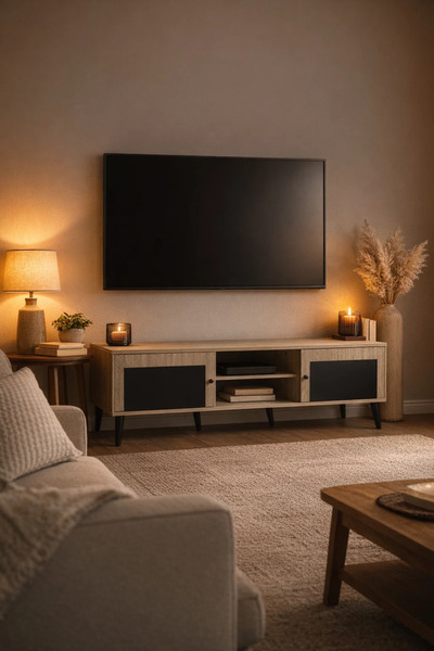 MARIA HOMES وحدة تلفزيون عصرية بعرض 180 سم، خشب بيج، أبواب سوداء، طاولة كونسو...