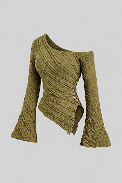 MOONBULL Kadın Fırfır Kumaş Gold Aksesuar Detaylı Kayık Yaka İspanyol Kol Asi...