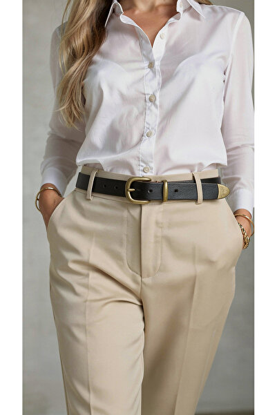 Pino44 3cm Genuine Leather Women's Belt with Antique Yellow Buckle and End De...