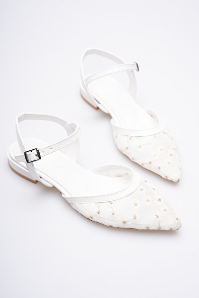 Egepass Eslem Elegant Lace Embroidered Bridal Flats - Pearl Detail, No Heel