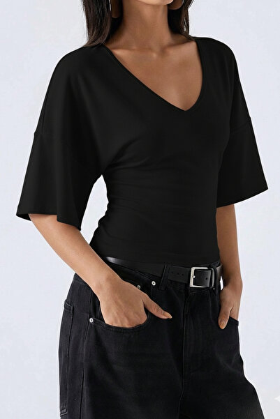 Tarz Cool Women's Black Bat Sleeve V-Neck Lycra Blouse & T-Shirt