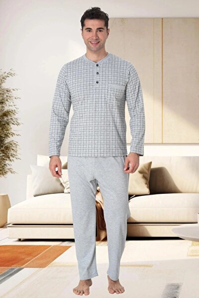 Mecit Pijama Long Sleeve Plaid Button Collar Cotton Men's Pajama Set