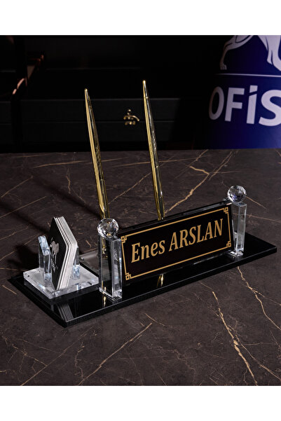 ofisbura Majesty Kristal Masa İsimliği | Siyah Cam – Altın Detay | Kişiye Özel