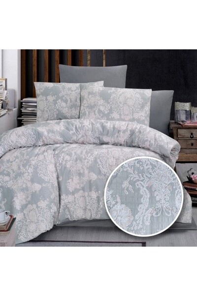 Pucioasa Double crepe bed linen 6 pieces, 100% Cotton , Grey with flowers