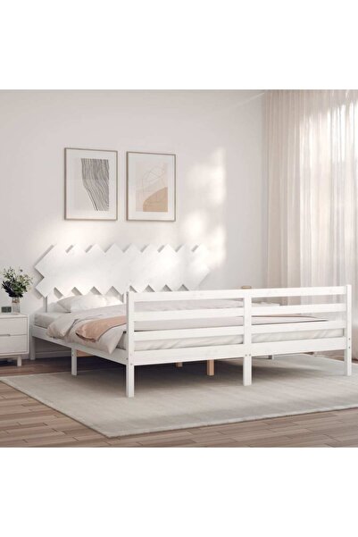 Concept Cadru de pat Super King de 1,83 m cu tăblie, alb, lemn masiv