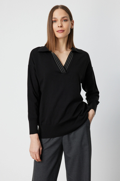 On Fashion Women's Chain Collar Polo Collar Black Sweater 66336