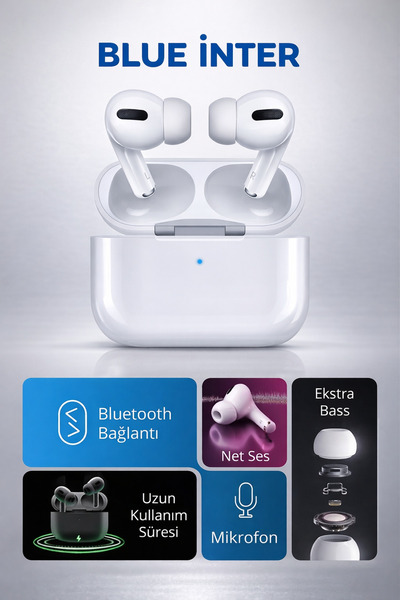 BLUE İNTER PRO2 Kablosuz Bluetooth Kulak İçi Kulaklık Ekstra Bas, HD Arama, Şarj Kutulu + SİYAH KILIF HEDİYE