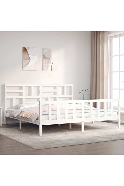 Concept Cadru de pat Super King de 1,83 m cu tăblie, alb, lemn masiv