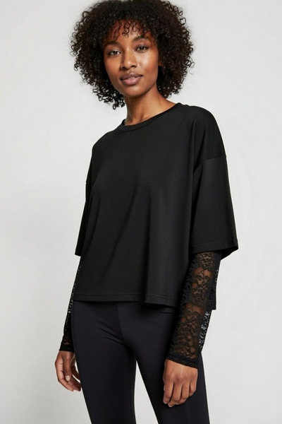 mielva Women's Black Oversize Lace Sleeve Round Neck Tshirt
