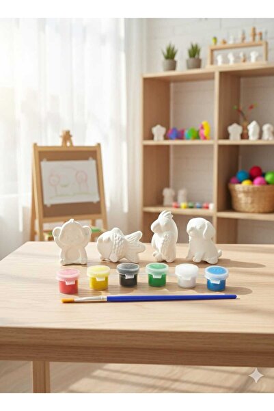 atamergrup ğitici Boyanabilir Alçı Figür Seti - 4'lü Hayvanlar Serisi + 6 Ren...