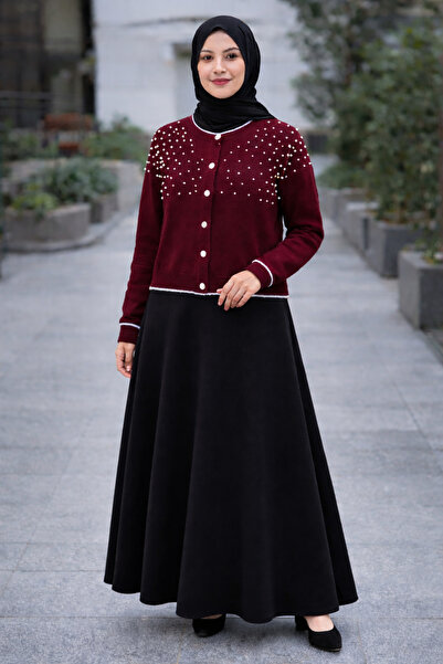 Nursay Navy Blue Pearl Cardigan and Skirt Set