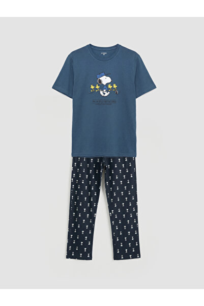 LC Waikiki Giyçık Store Navy Blue Regular Fit Snoopy Printed Men's Pajama Set