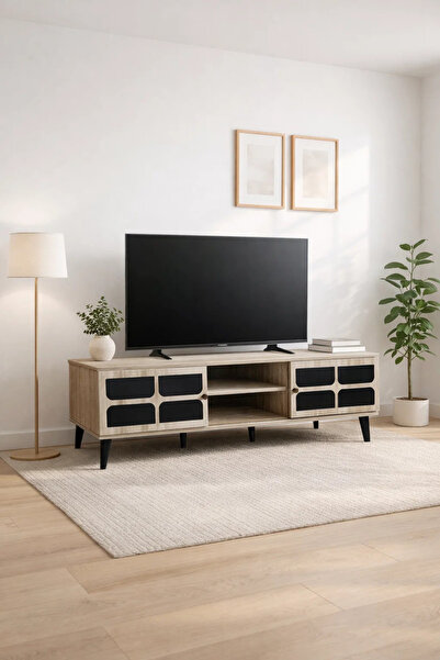 MARIA HOMES طاولة تلفزيون بيج – 160×40×45 سم، طاولة بلازما عصرية مع خزائن ورفوف