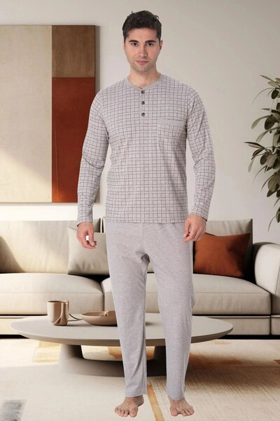 Mecit Pijama Long Sleeve Plaid Button Collar Cotton Men's Pajama Set