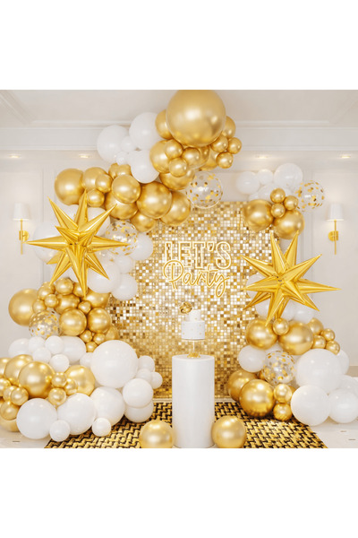 MP Mirific Party Set 69 baloane, tip arcada cu stele 3D, alb si auriu