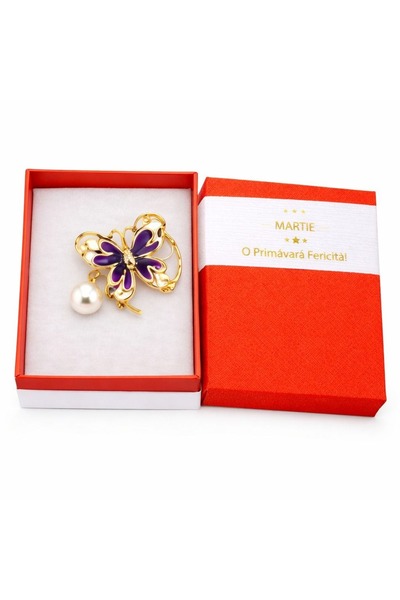 OEM Broșă Mărțișor Fluture Mov cu Perlă