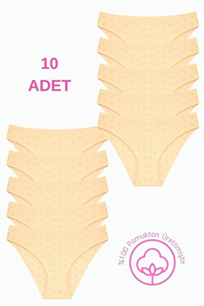 Newlilla 1501 Heart Patterned 100% Cotton Pack of 10 Women's Bikini Panties