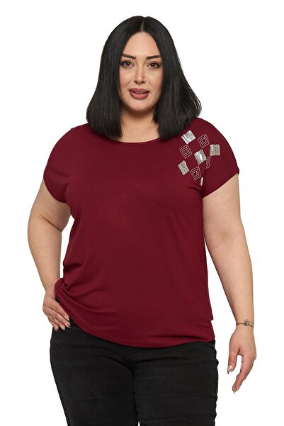 DISENTIS MODEST Plus Size Low Short Sleeve Blouse with Diamond Pattern on the...