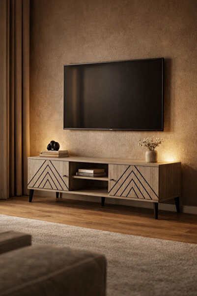 MARIA HOMES Beige TV Stand – 160x40x45 cm Modern Plasma Table with Cabinets &...