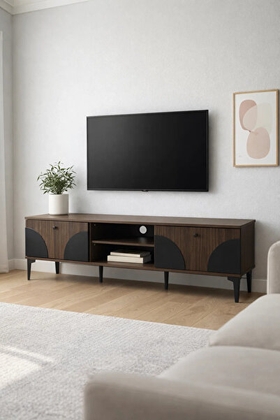 MARIA HOMES Brown & Black TV Stand – 160x40x45 cm Modern Plasma Table with Ca...