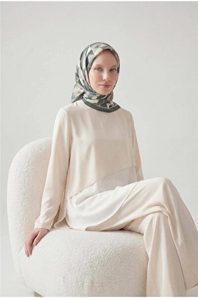 Silk Home Shiny Textured Scarf Khaki Light Gray Toned Geometric Patterned Wat...