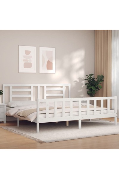 Concept Cadru de pat Super King de 1,83 m cu tăblie, alb, lemn masiv