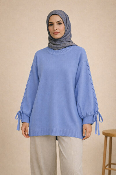 FERHEL Round Neck Knit Sweater with Sleeve Knit Detail - Indigo