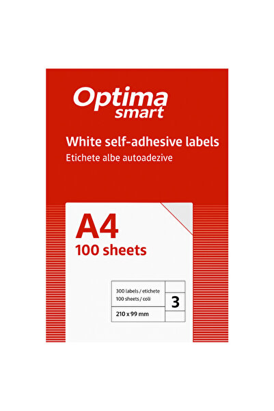 Optima Smart Self-Adhesive White Labels 3/A4, 210 x 99 mm, 100 sheets/top