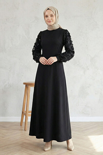 FERHEL Women's Embossed Floral Tulle Hijab Dress - Black