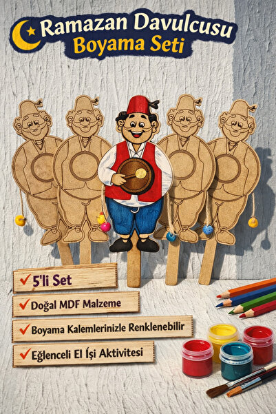 TOTTERİQ Ramazan Davulcusu Boyama Seti 5’li – Ahşap MDF Boyanabilir Ramazan E...