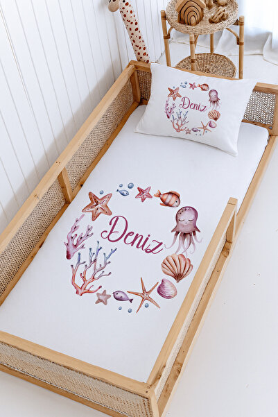 Lilabio %100 Pamuk İsme Özel Montessori Yatak Pike Seti 100x200 Deniz Yıldızı