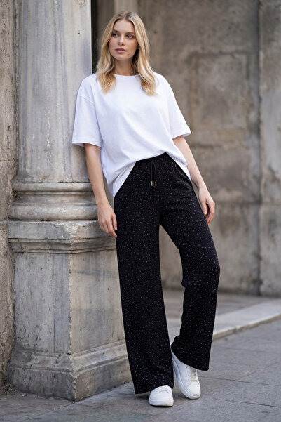 Madmext Black Stone Embroidered Elastic Waist Wide Leg Stylish Women's Trouse...