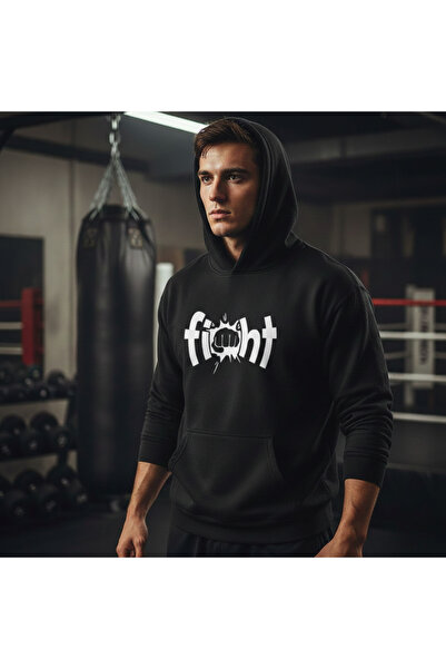 Eritqaa Unisex Black Fight Written Fist Printed Hooded Sweatshirt