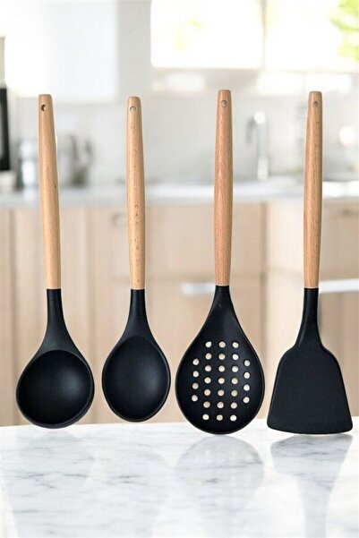 Lumindra 4-Piece Kitchen Serving Set with Silicone Bamboo Handle, Black (Spoo...