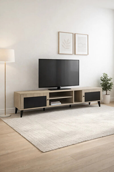 MARIA HOMES Beige & Black TV Stand – 200x40x45 cm Modern Plasma Table with Ca...