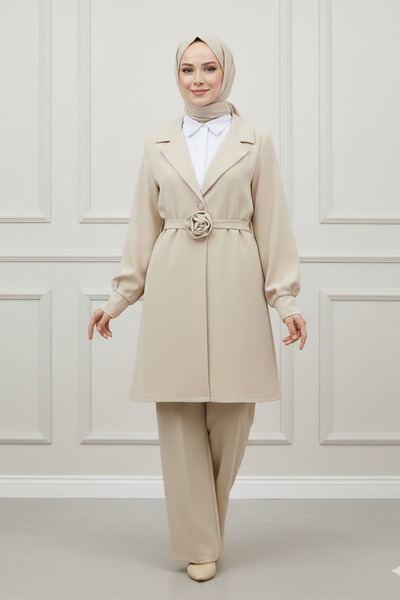 FERHEL Women's Belted Rose Detailed Dabıl Crepe Fabric Jacket and Trousers Se...