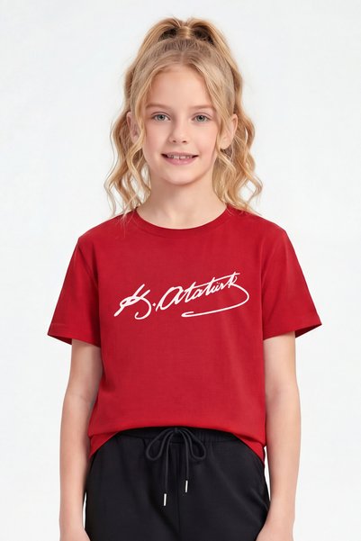 FYK COLLECTİON Tricou unisex pentru copii cu mânecă scurtă, cu imprimeu Atatürk, semnătură și steag