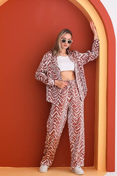 Polologin Butik Zebra Patterned Satin Shirt & Pants Set – Chocolate & Ecru